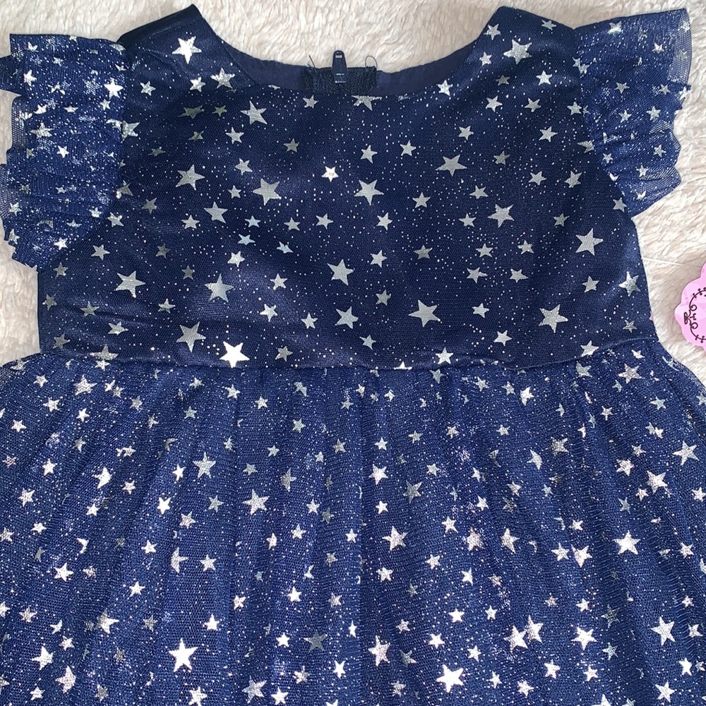 NWT Popatu Navy Blue Silver Stars Dress 12M Tulle Overlay - Picture 3 of 12